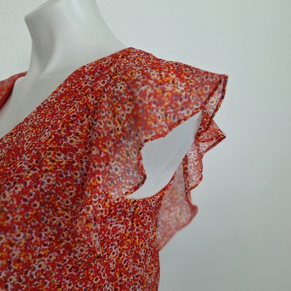 CeCe Red Ditsy Floral Ruffle Flutter Sleeve Blouse Size  XS - Picture 4 of 10
